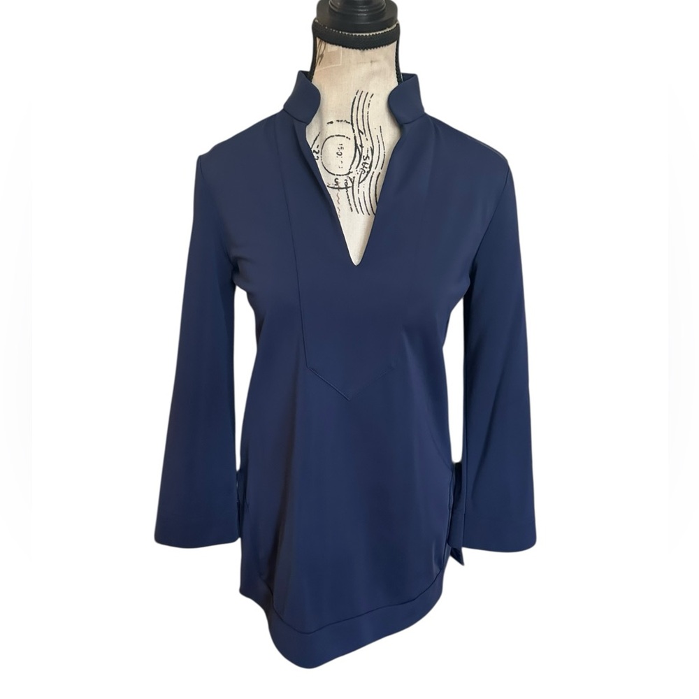 Jude Connally Navy Blue Top NWD FLAW V Neck Collar XS Stretch Knit Long Sleeves